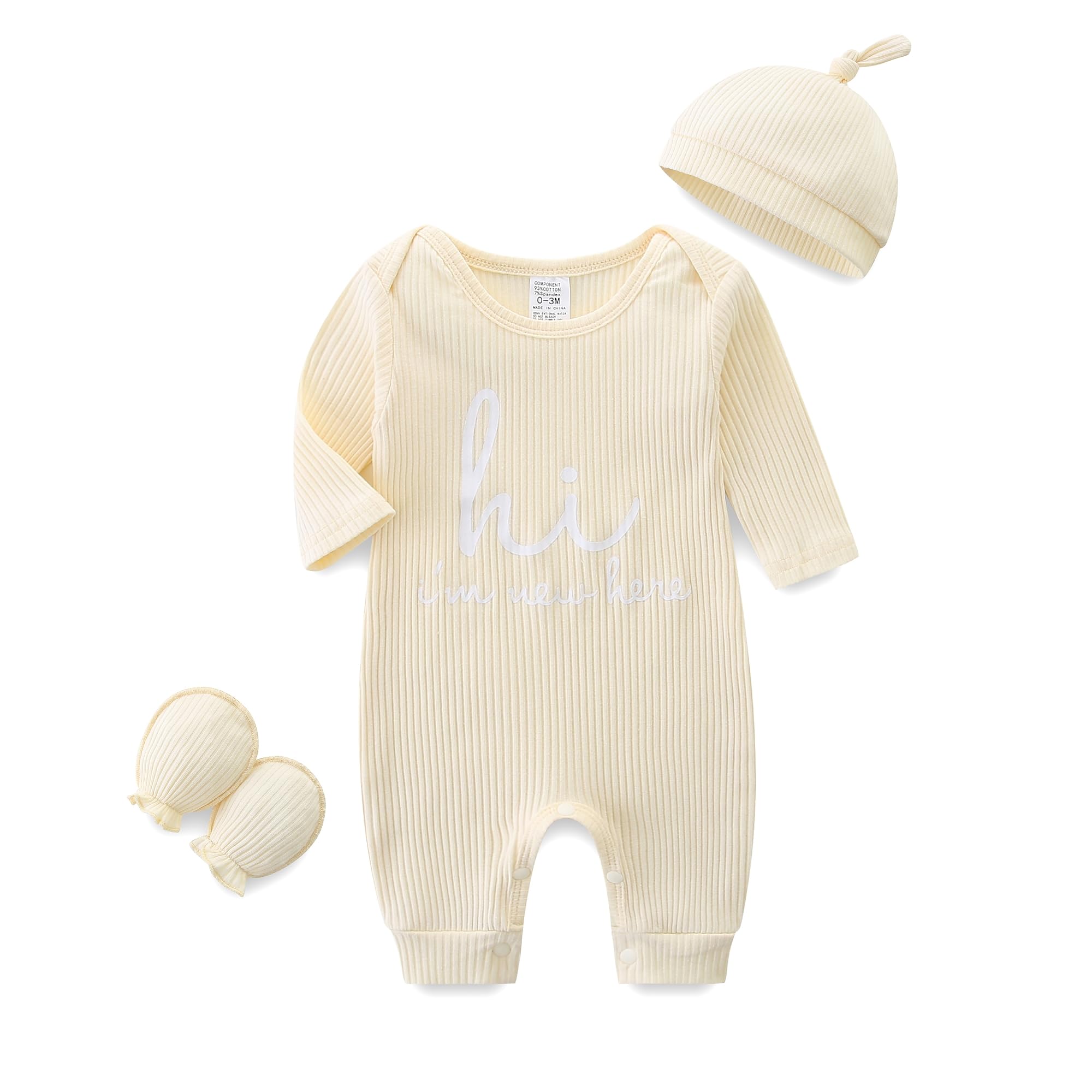 Unisex Newborn Baby Onesie Ribbed Romper Infant Long Sleeve Jumpsuit Hat and Gloves
