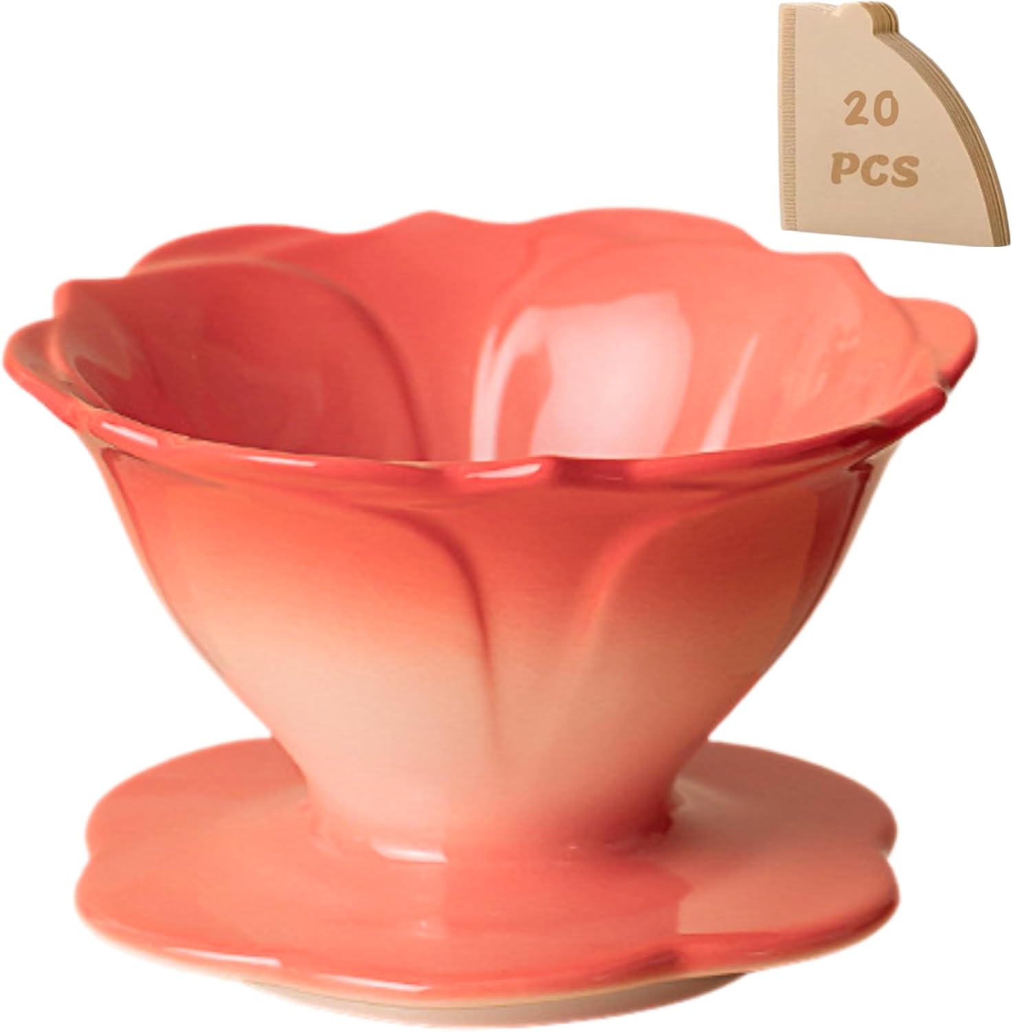 Flower Shape – Ceramic Pour Over Coffee Maker, Slow Brewing Accessories for Home & Travel (With 20 Coffee filters V60-01 inside) (Coral)