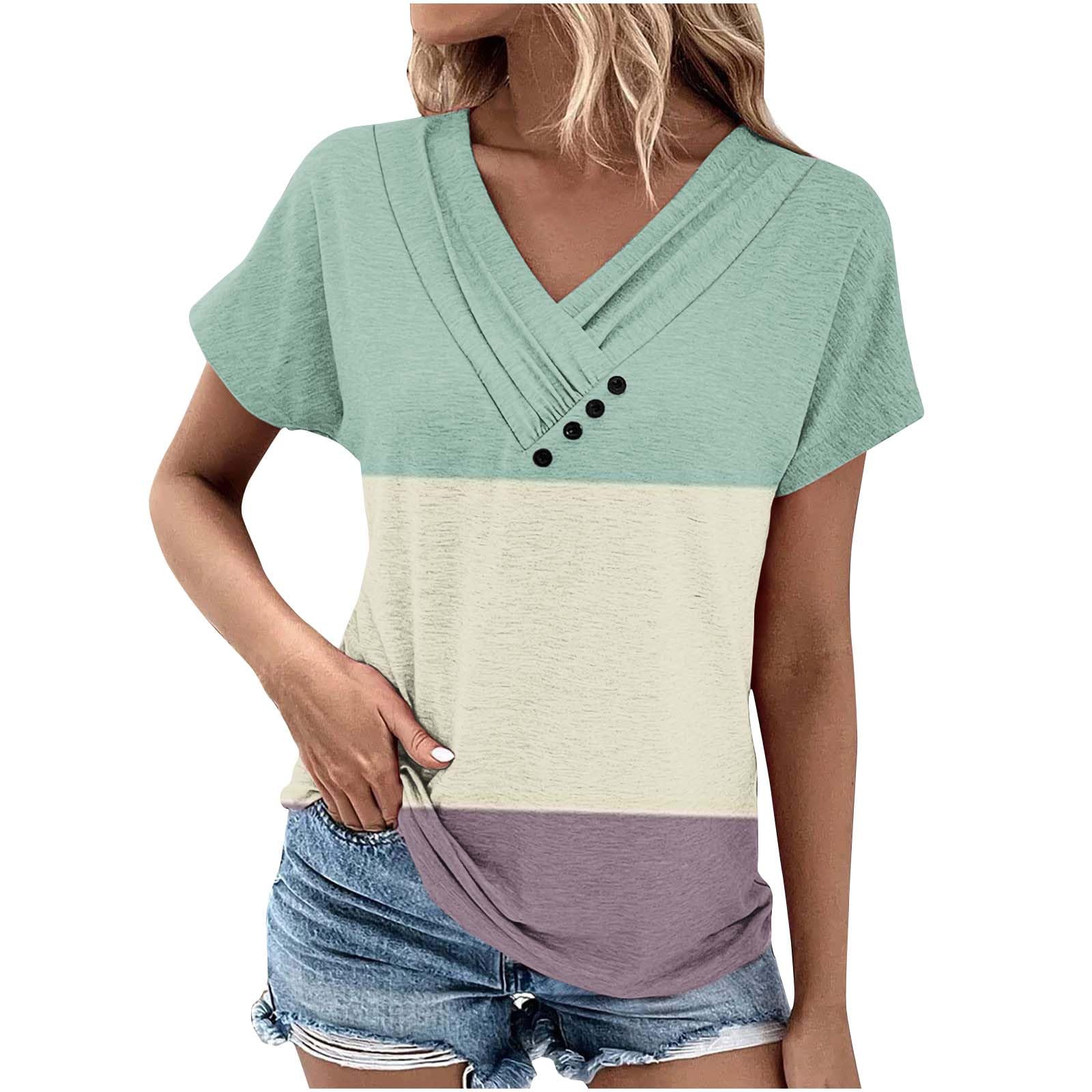 Lemoiitea Blusa casual de verano para mujer, cuello fruncido, manga corta, camisetas holgadas, elegantes con cuello en V y botones, blusas tipo túnica de verano