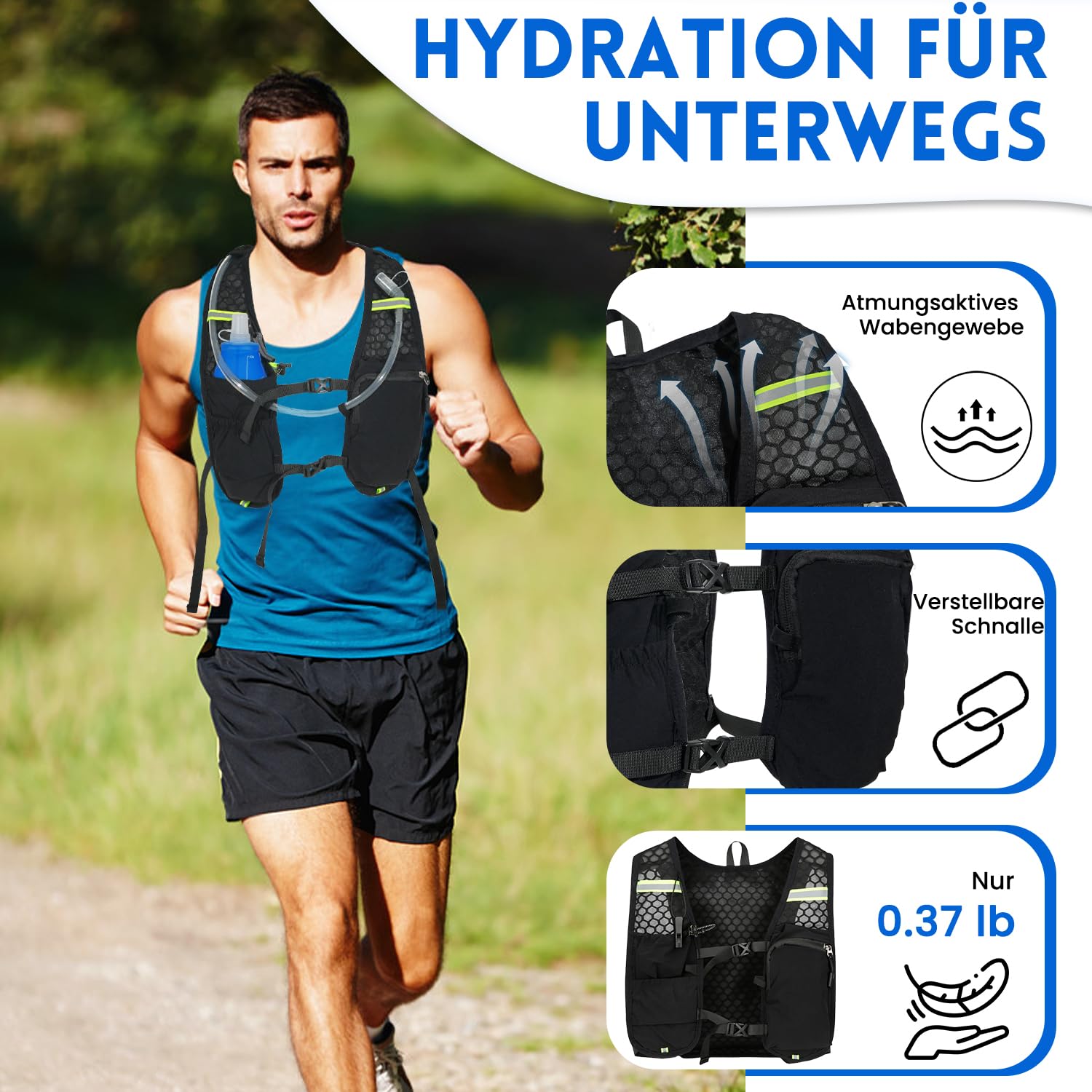 Laufweste mit Trinkblase 1,5L und Trinkflasche 500ml, Verstellbarer Ultra-Leichter Trinkrucksack für Damen und Herren, Funktionelle Laufrucksack für Marathons, Laufen, Radfahren, Wandern