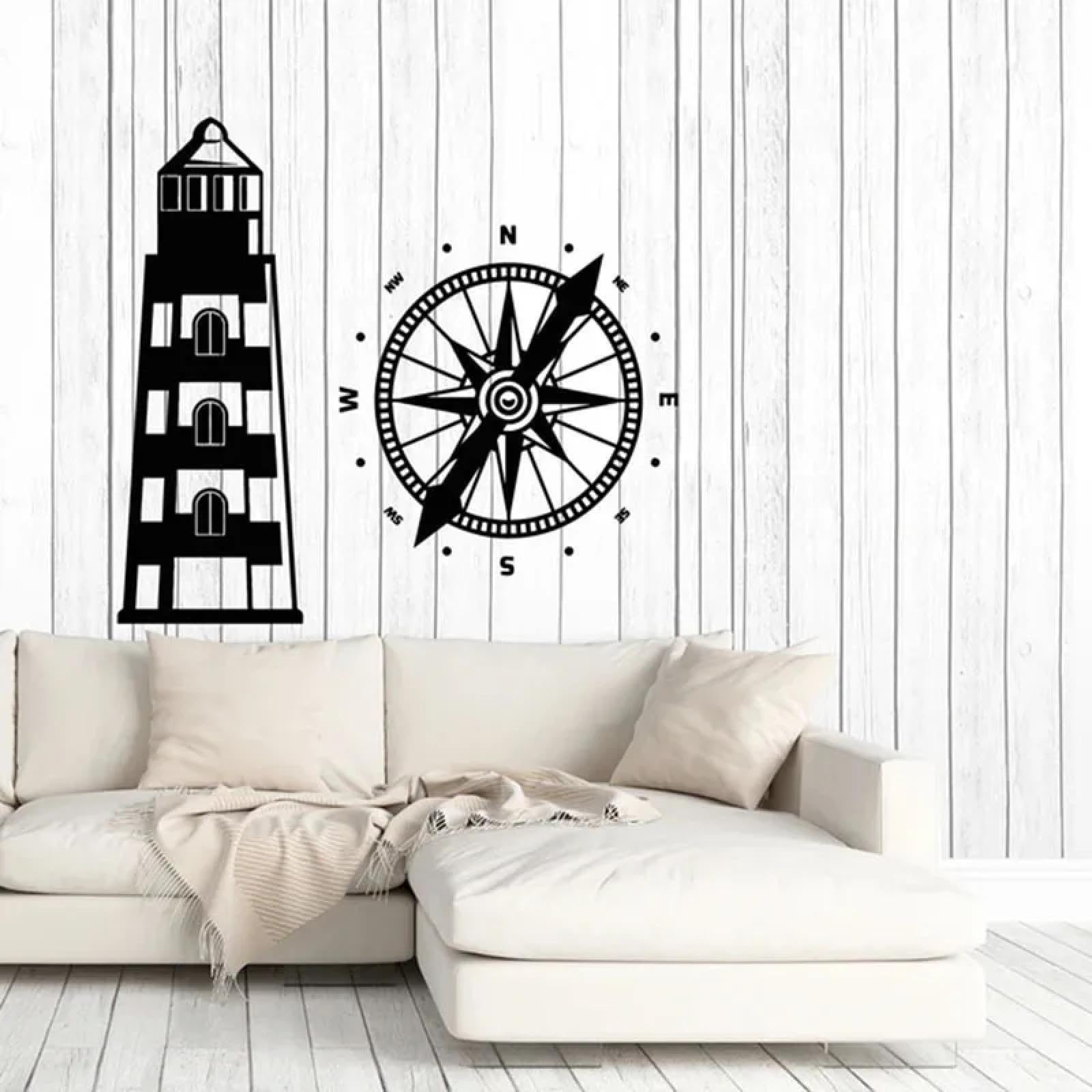 Lighthouse wall Sticker Beach House Ocean Compass Creative Window Sticker Children's Bedroom Bathroom Mural/Black