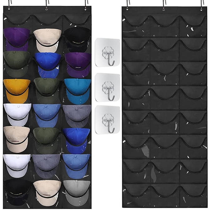 多功能棒球帽收纳架，带透明口袋和挂钩