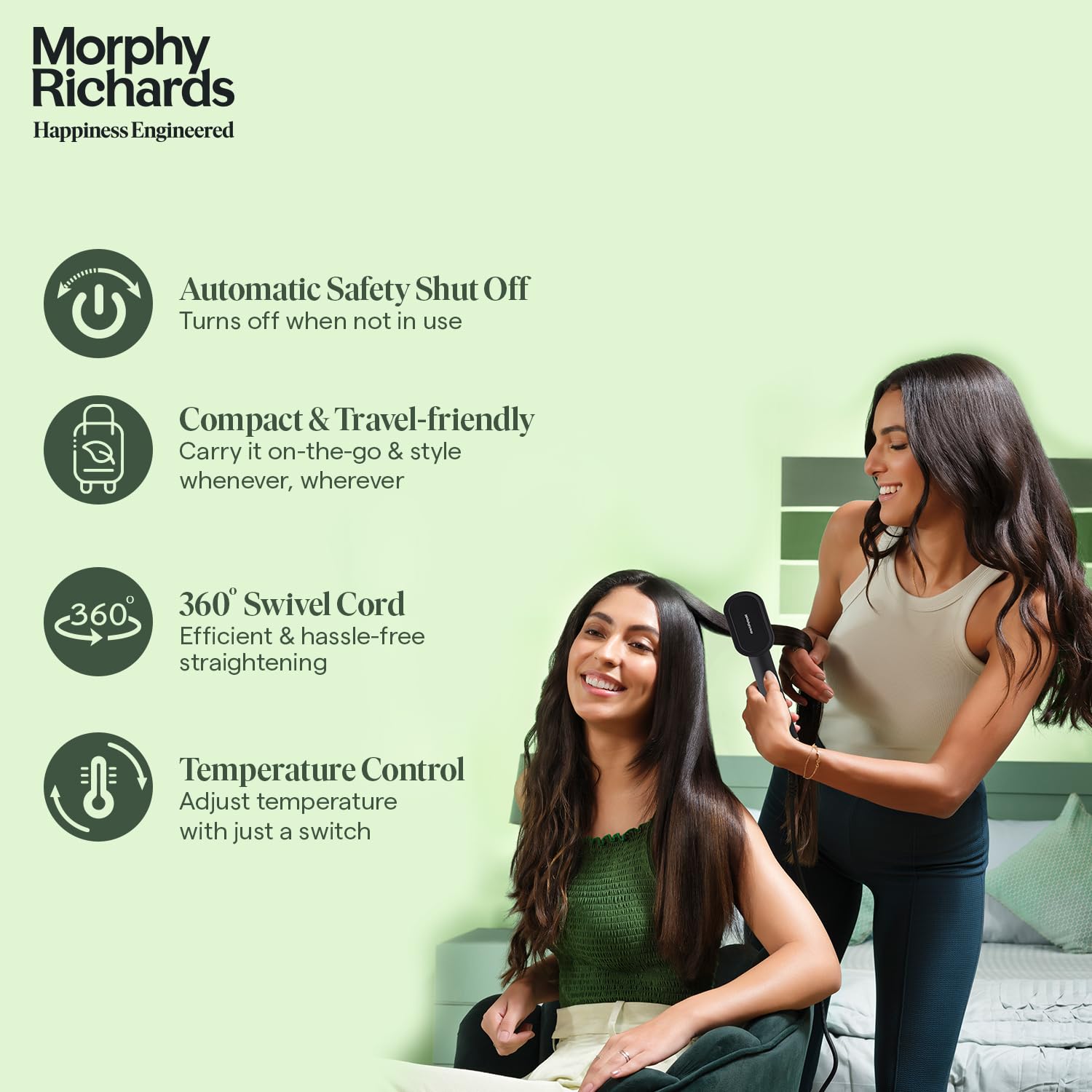 Morphy Richards Estella Hair Straightener Brush | Compact & Travel Friendly | 360 Degree Swivel Cord | 5 Temperature Settings | Hair Straightener Brush for Women,Black 4