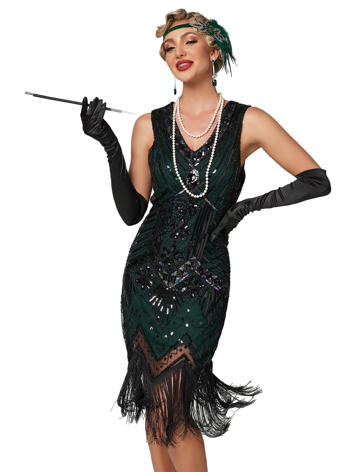 Viloree 1920s Flapper Fringed Sequin Dress Roaring 20s Fancy Dress Gatsby Costume Dress V Neck Vintage Beaded Evening Dress Green L