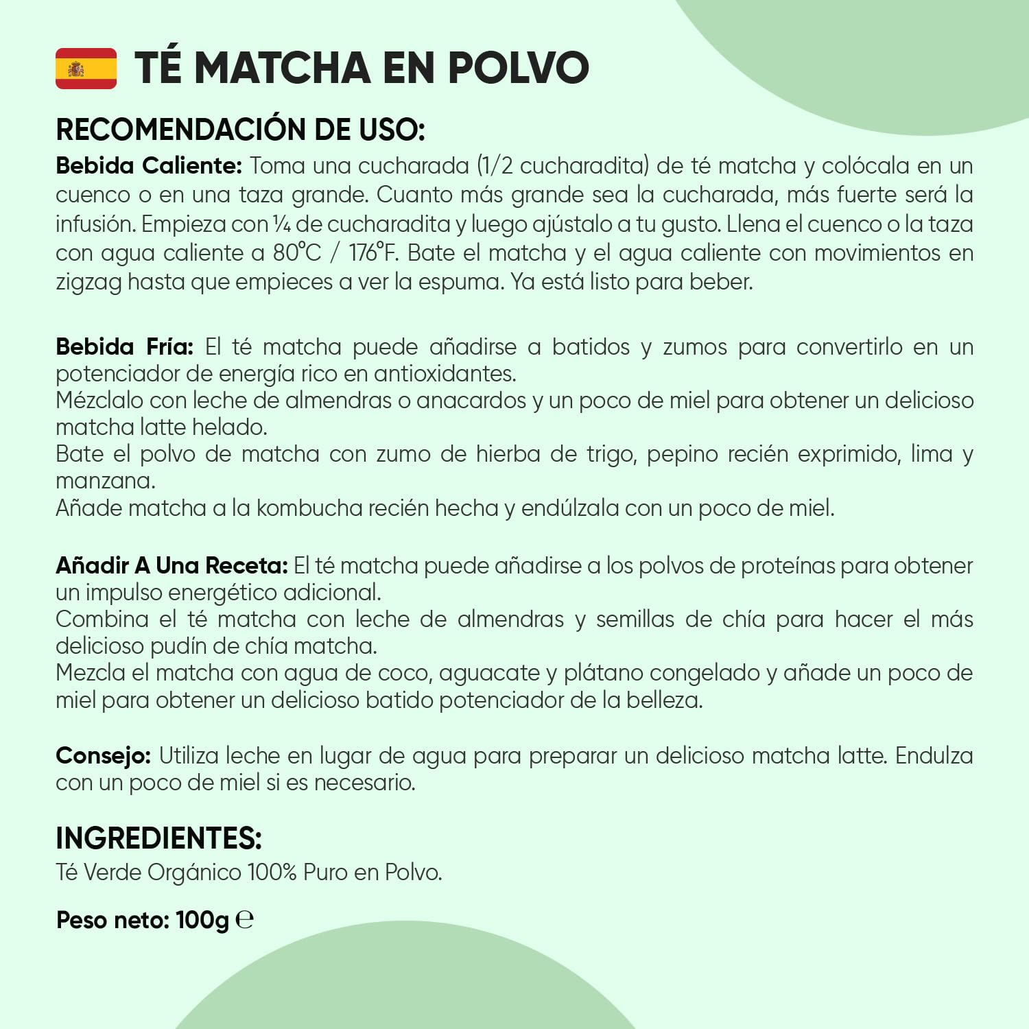 Té Matcha en Polvo Con Certificación Orgánica 100g - Polvo de Té Verde Natural de Grado Ceremonial para Bebidas como Matcha Latte, Postres o Batidos - Apto para Veganos y Sin Gluten