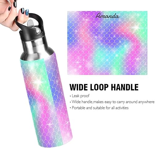 Miniatura 14 de Botella de agua personalizada Galaxy para niños, termo con nombre personalizado, botella con logotipo, morado estrellado, aislamiento de acero