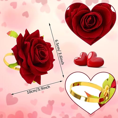 Miniatura 2 de Whaline Servilleteros de rosas artificiales para el día de San Valentín 12 servilleteros de rosas rojas sintéticas servilleteros de aleación anillos
