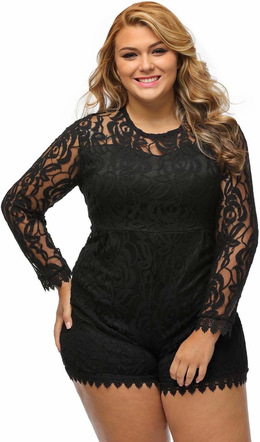 roswear Women's Plus Size Long Sleeve Lace Romper