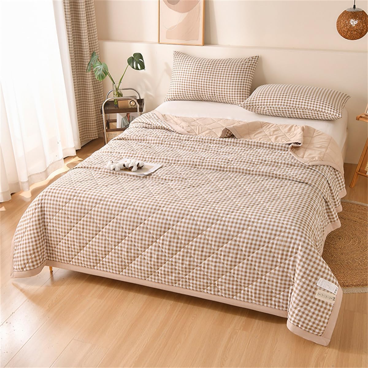 VUIKLCty Retro Checked Quilted, Reversible, Soft And Lightweight Bedspread (duvet Only)(Khaki,200x230cm)