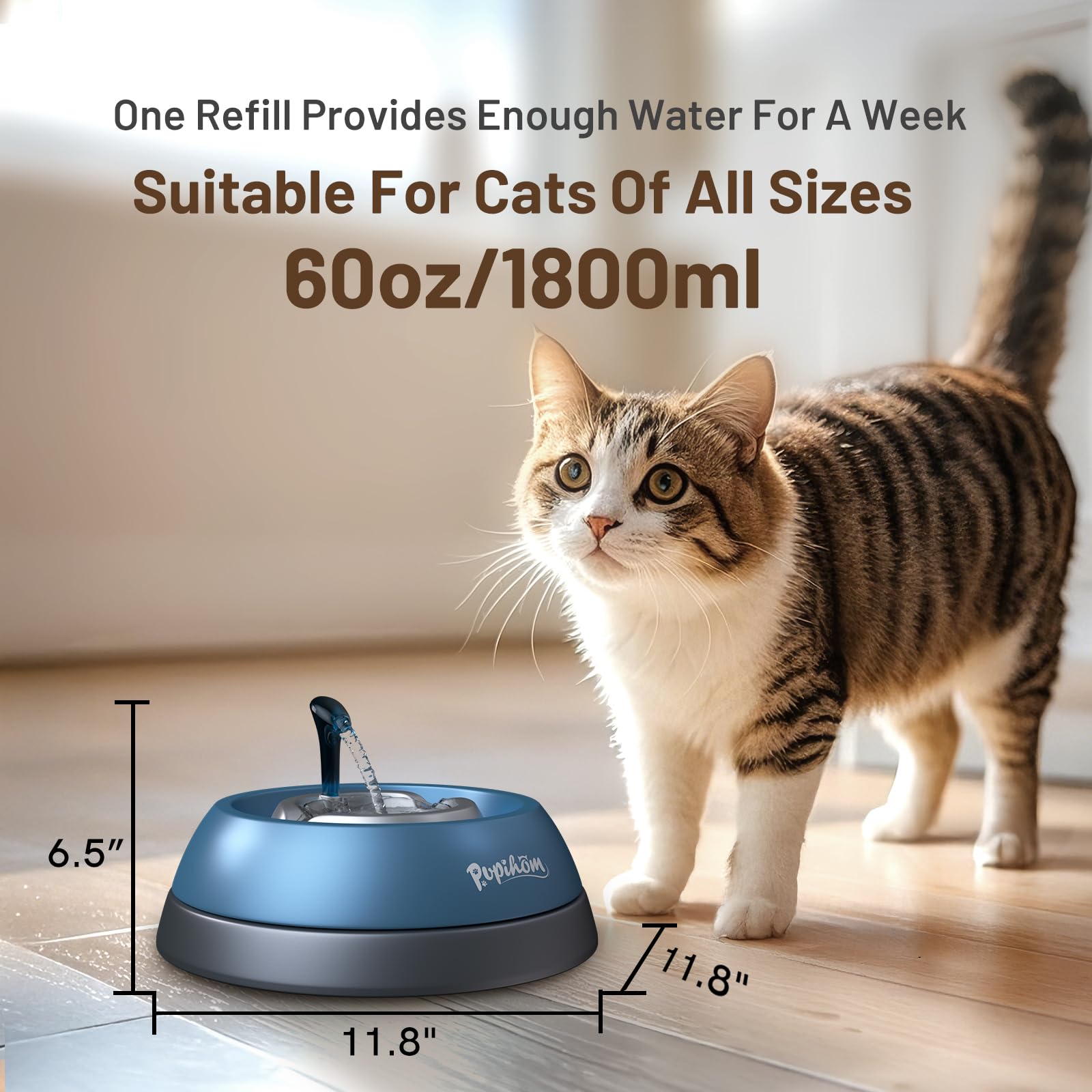 PUPIHOM Cat Water Fountain, 61 oz/1.8 L Automatic Drinking Water Dispenser with 3 Washable Replacement Filters, Pet Water Fountains for Cats Indoor, Ultra-Quiet Pet Water Fountain Easy to Clean