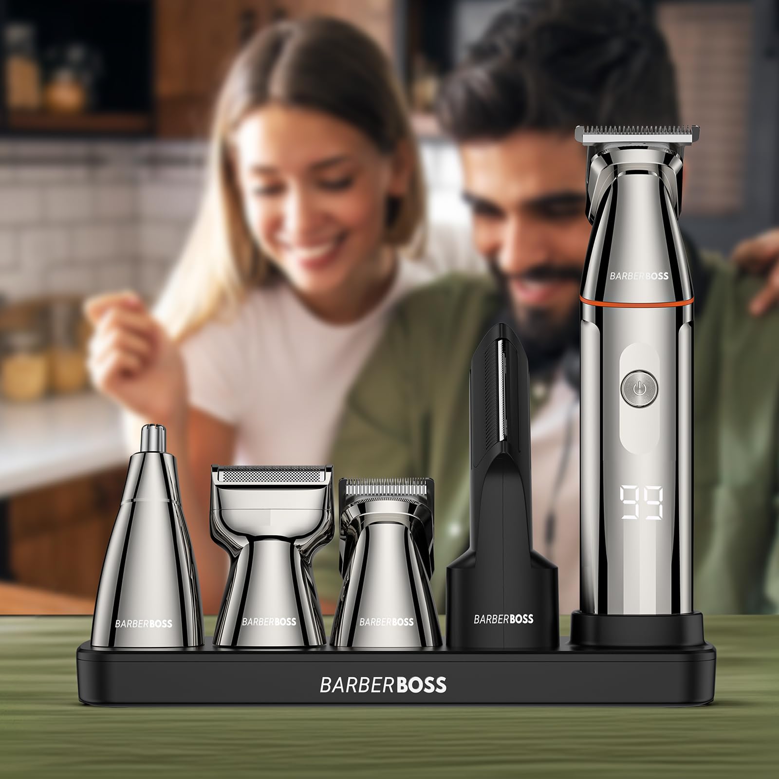 BarberBoss Bezprzewodowy zestaw trymerów do brody, golarka 5 w 1, z maszynką do strzyżenia włosów, trymerem do nosa, ładowarką USB-C i ostrzami ze stali nierdzewnej, do pielęgnacji ciała