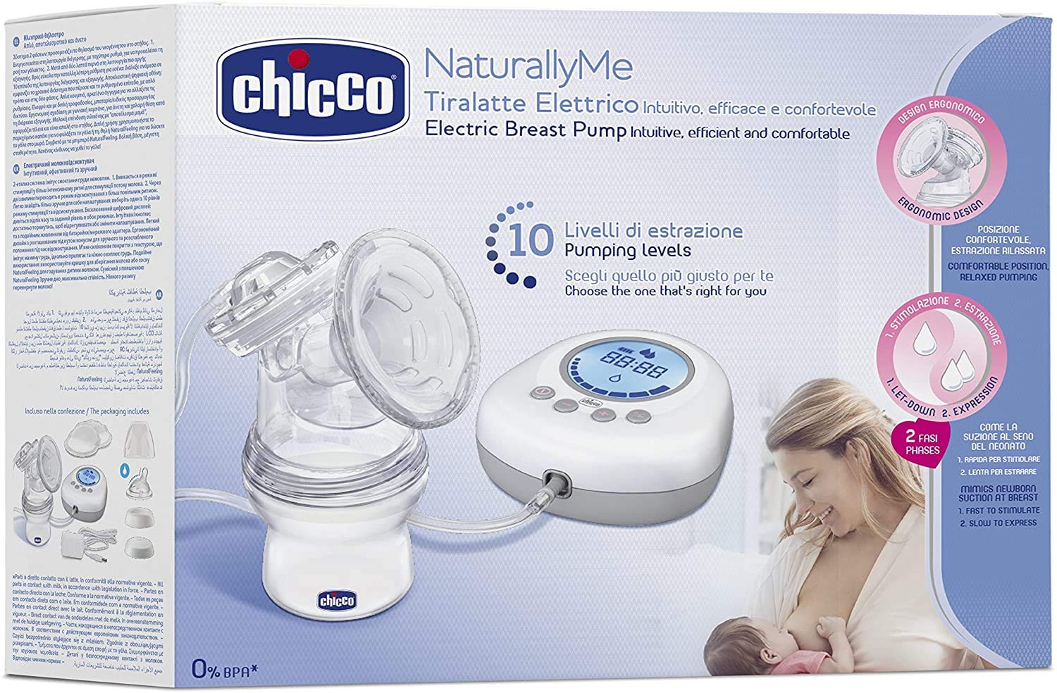 Chicco Naturally Me Elektrische Milchpumpe mit Stimulations- und Zugmodi, 10 Intensitätsstufen, ergonomische Form, mit geneigtem Sauger und luftdichtem Deckel, 150 ml