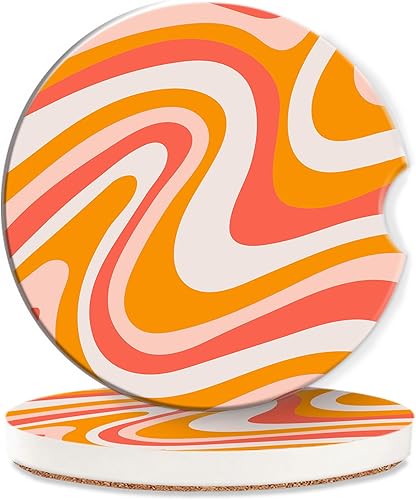 Posavasos retro de los años 60, portavasos coloridos para portavasos de automóvil, 2 piezas de inserción absorbente de cerámica con parte trasera de