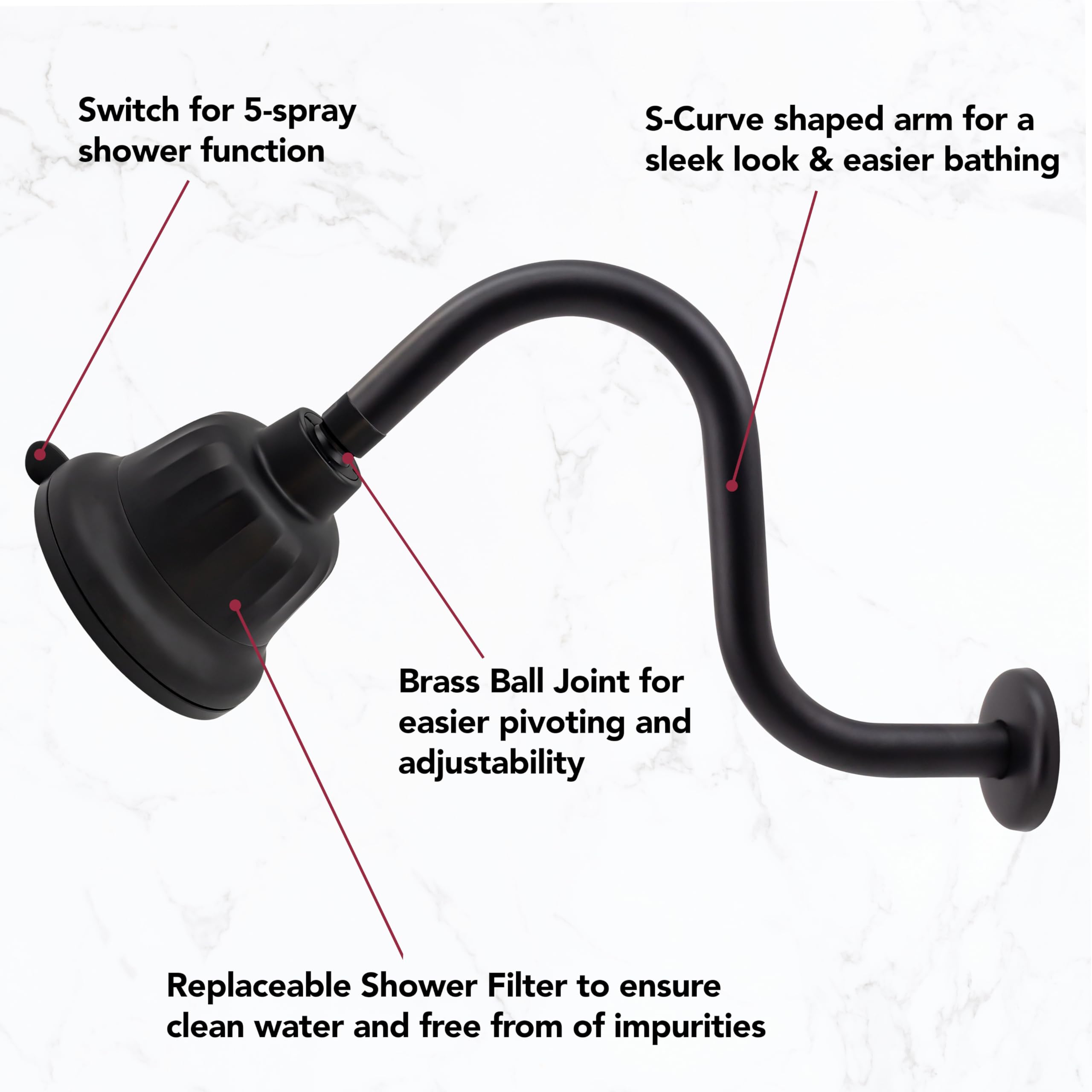 Westbrass CO573F-62 Cabezal de ducha redondo de 5 pulgadas con filtro ajustable de 5 funciones con brazo de ducha en forma de S de 10.5 pulgadas, negro mate