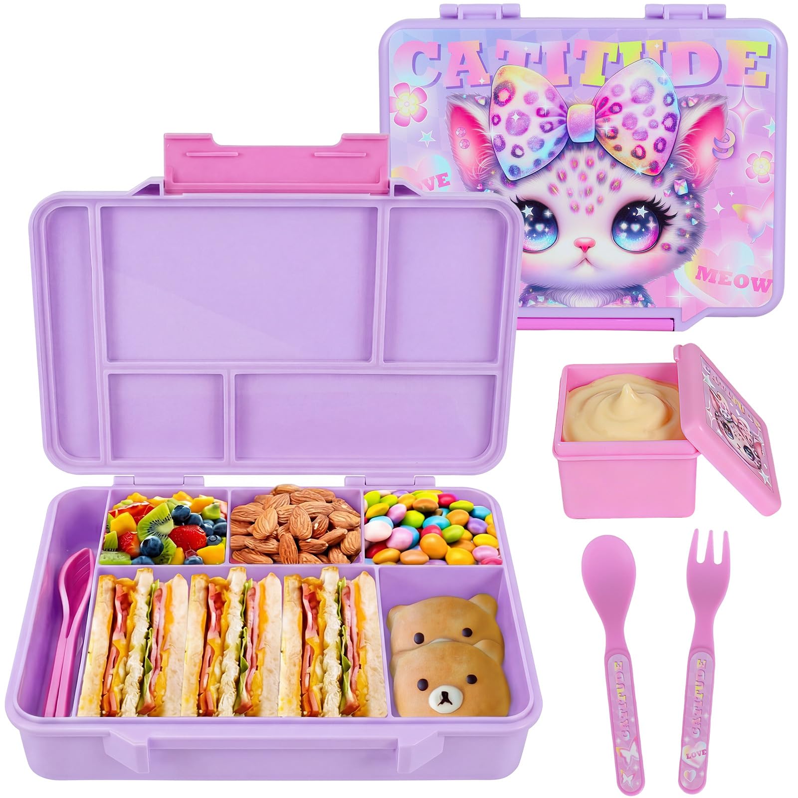 PinkSheep Bento Lunch Box for Kids, 1300 ml Food Containers with Compartments Tableware and Salad Box, BPA-Free Leak-Proof, Back to School Lunch/Snack Container for Boys Girls (Cat)