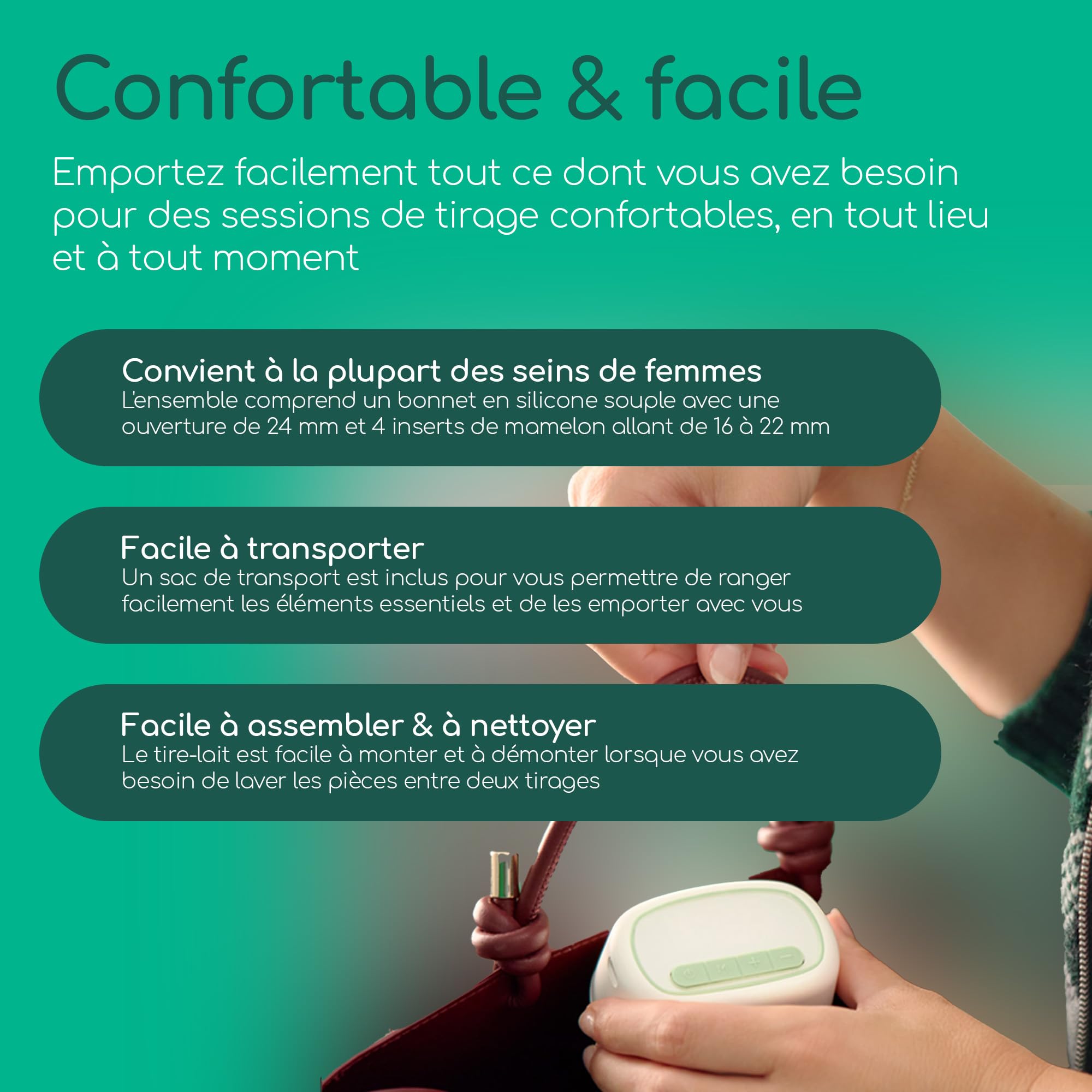 Bebeconfort Discreet Tire lait electrique main libre, Tire-lait nomade, expression silencieuse (51 db), 3 modes d'expression, 15 réglages d'intensité, batterie longue durée, grand conteneur de 210ml