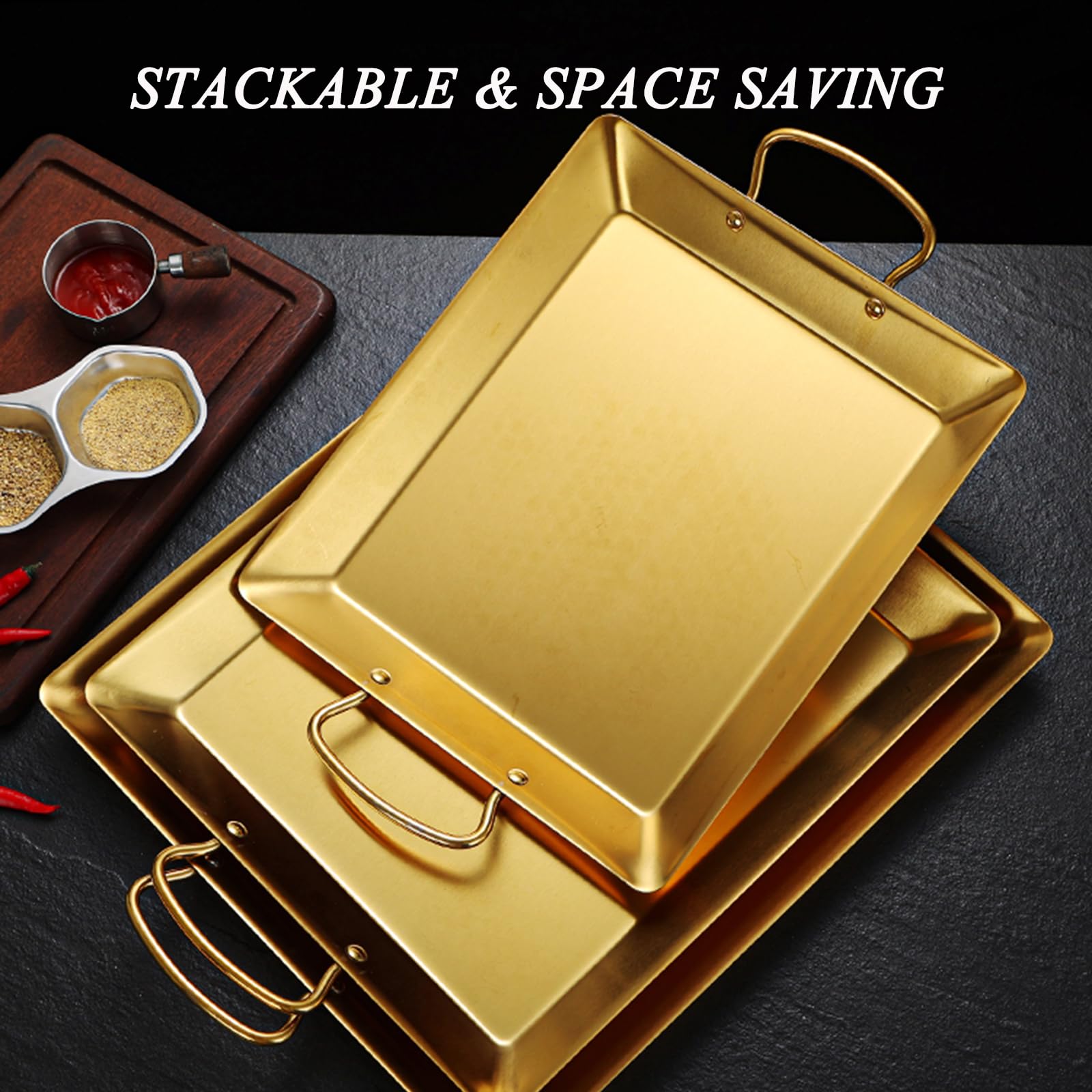 SVRITE Padella rettangolare per paella, in acciaio inox, 3 misure, per insalata e sushi, per uso commerciale, casa, cucina, snack, pizza e barbecue (argento, M)