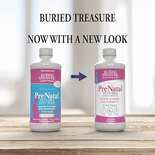 Miniatura 2 de Buried Treasure Prenatal Plus DHA Complete, 16 oz sabor a plátano naranja, suplemento de fórmula líquida de alta potencia para antes, durante el