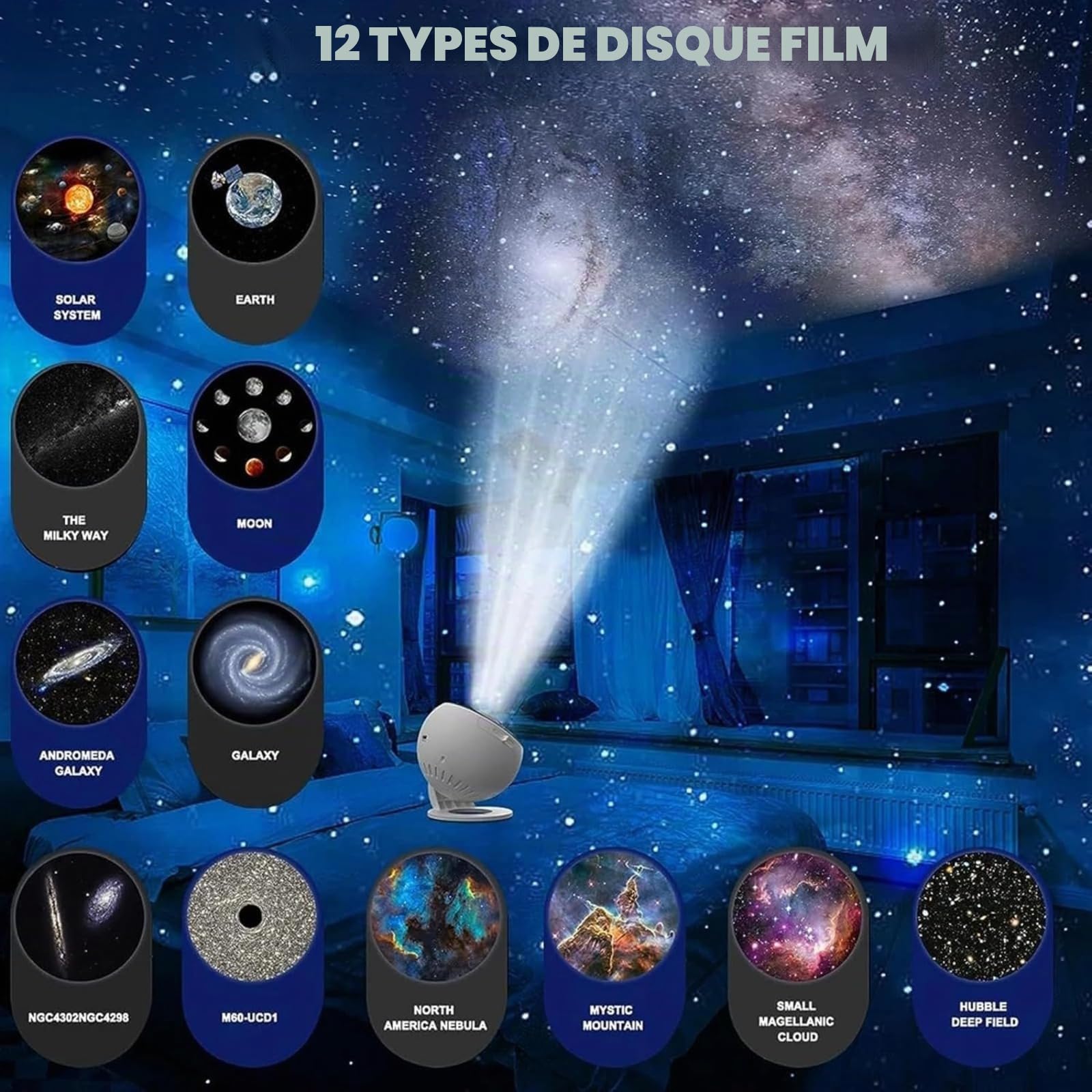 Night Light, Wallfree Projector, projecteur ciel etoile,cosmonaute projecteur,veilleuse adulte,projecteur enfant,projecteur planetarium,skylight projector, Sky Light, Projecteur Etoile Plafond 12 en 1