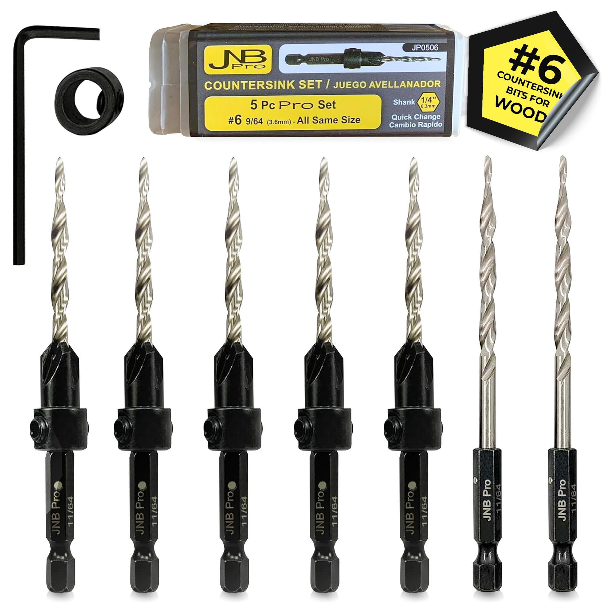 JNB Pro Countersink Drill Bit Set – 5pc Self-Centering Woodworking Bits with 4 Flutes, M2 HSS Material, 1/4" Hex Change, Depth Collar, Includes 2 Free Tapered Bits for Precision Drilling – #6 (9/64")