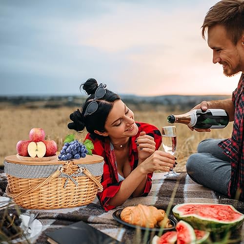 Miniatura 4 de Cesta de picnic de mimbre con forro, cesta de picnic de madera con tapa dividida, canasta de picnic de estilo vintage con asa tejida plegable para