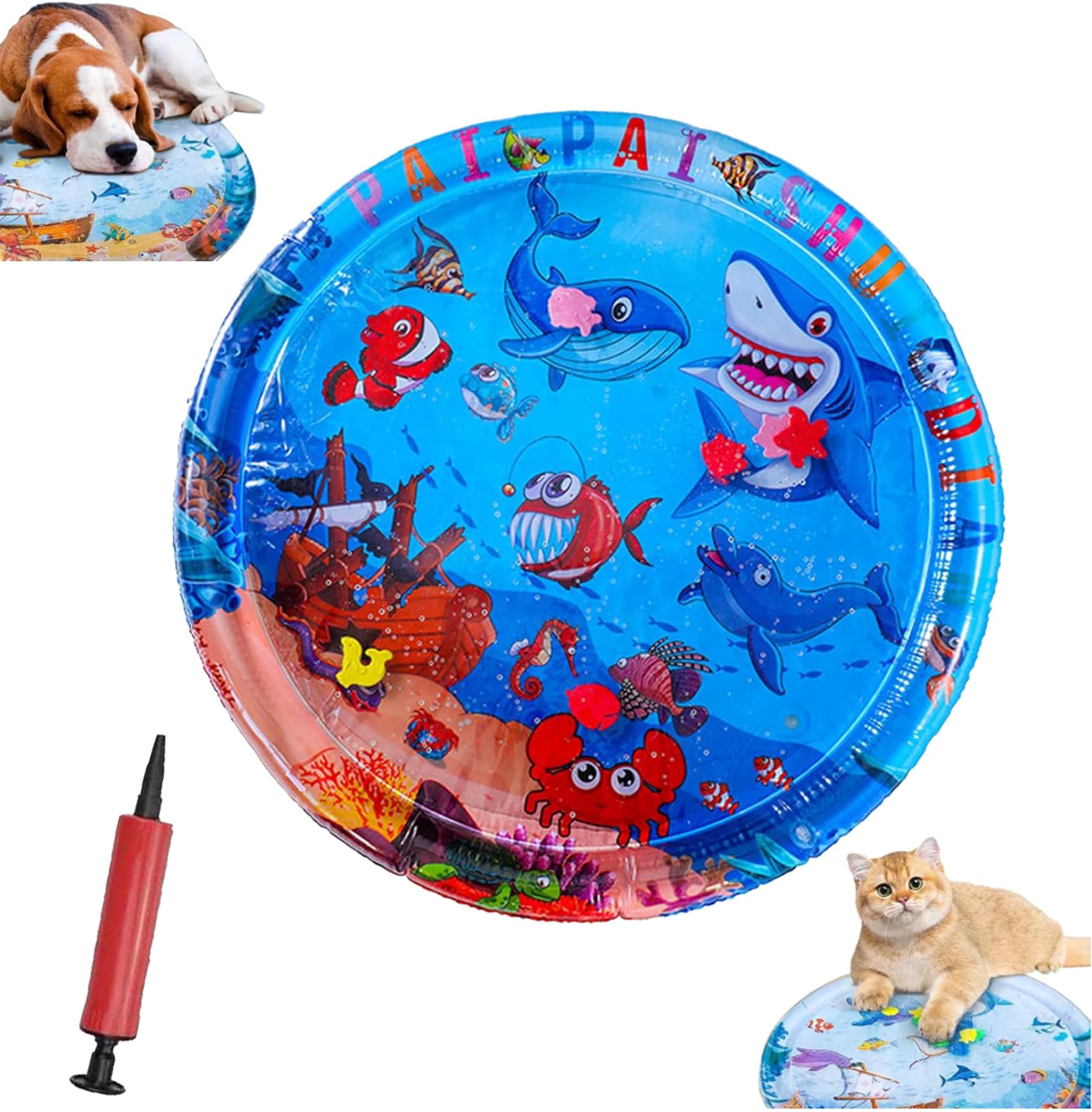 Pet Water Bed, Thickened Water Sensory Play Mat for Cats Dog, Pet Bed for Dogs, Washable Inflatable Playmat, Summer Cooling Sensory Play Pad with Inflator, Anti-Scratch (Large round-A)