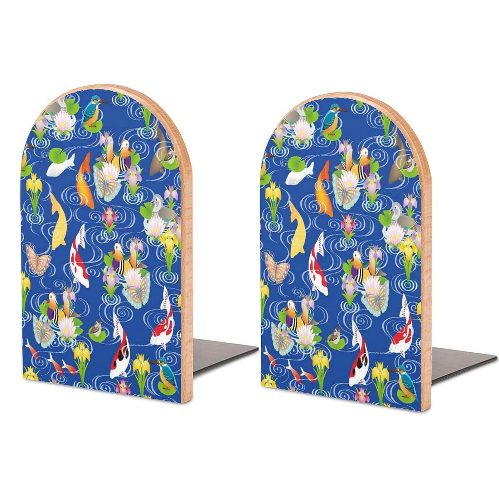 Traditional Koi Pond Beech Wood Bookends Heavy Duty Book Organizers Desktop File Holder for Office Home Bookshelf