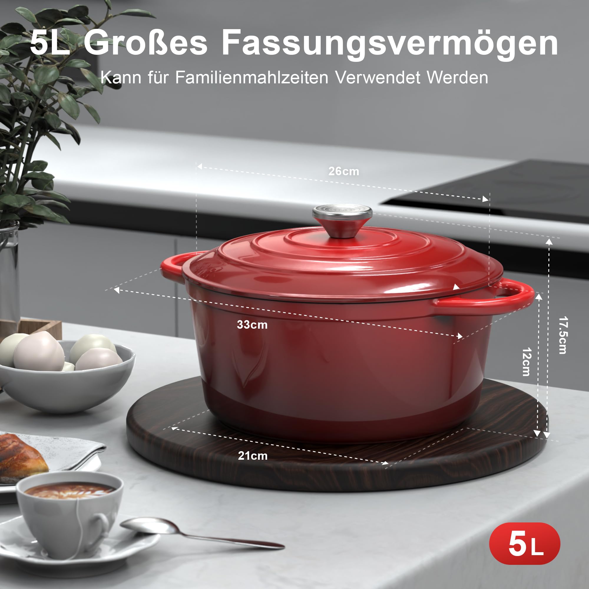 Gusseisen Topf Brotbackform, 26cm 5L Topbooc Dutch Oven Brot Backen, Rot | Backofen, Gasherd, Induktionsherd, Emaille Schmortopf Gusseisenpfanne mit Deckel, Gusseisentopf Bräter Brotbacktopf