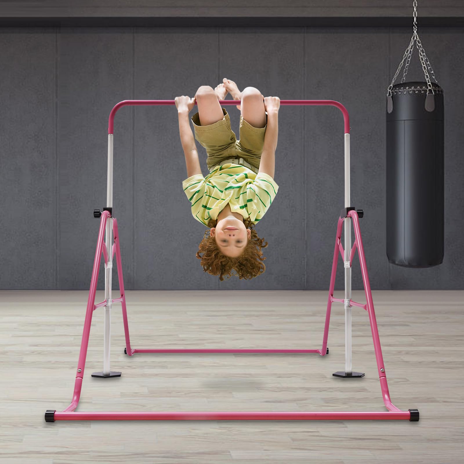 Barra plegable ajustable de gimnasia con bandeja de barra horizontal multifuncional para entrenamiento en casa para niños, color rosa, 107 x 148 cm