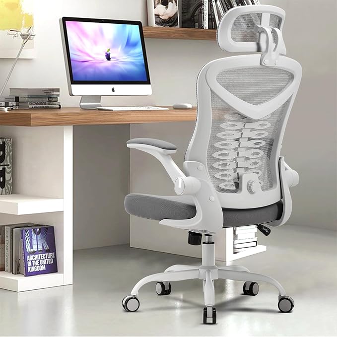 Magic Life Silla de Escritorio Sillas de Oficina Reposabrazos abatible de 90 ° Silla ergonómica para computadora Soporte Lumbar Altura Ajustable Giratoria de 360 ° Mecedora (Blanco)