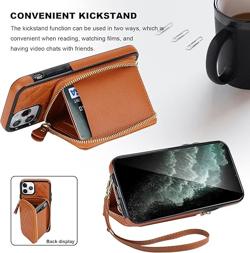 Miniatura 5 de Bocasal Funda tipo cartera cruzada para iPhone 11 Pro, de piel sintética con bloqueo RFID, con cremallera, funda tipo cartera con función atril y