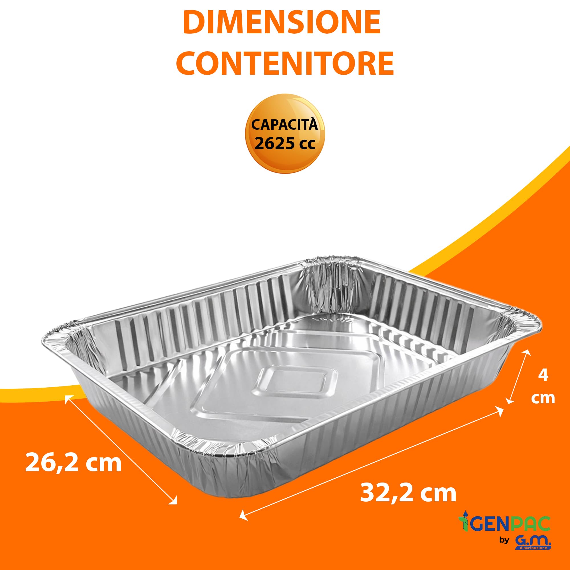 GM – 100 Contenitori in Alluminio 8 Porzioni 2625 cc Senza Coperchio, Vaschette Rettangolari Extra Grandi per Forno e Congelatore, Gastronomia e Catering – 32,2×26,2×4h cm