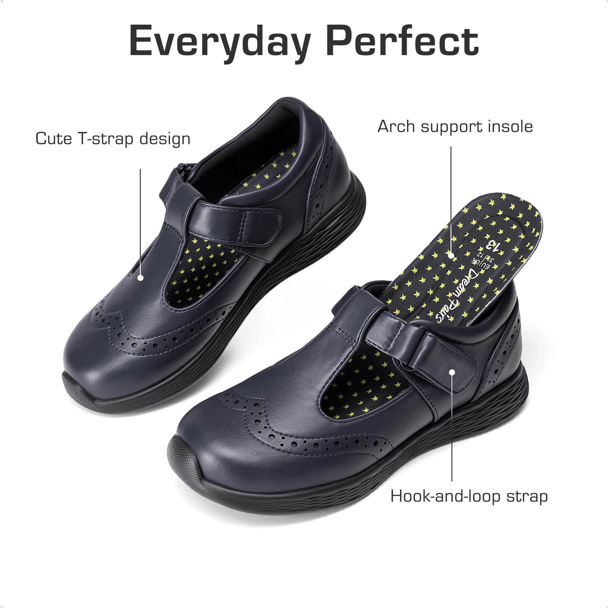 DREAM PAIRS Dziewczęce Mary Jane płaskie buty do mundurka szkolnego z paskiem w kształcie litery T lekkie buty z zamkniętymi palcami