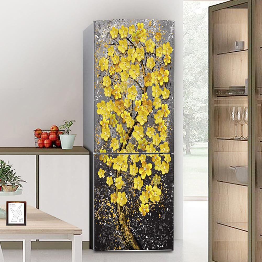 Targawerelax Yellow Fridge Wraps Kitchen Fridge Stickers Cover Full Doors, Fridge Sticker Full Covering Door Fridge Covers Skins Wall Stickers For Kitchen Decal, Flower Tree