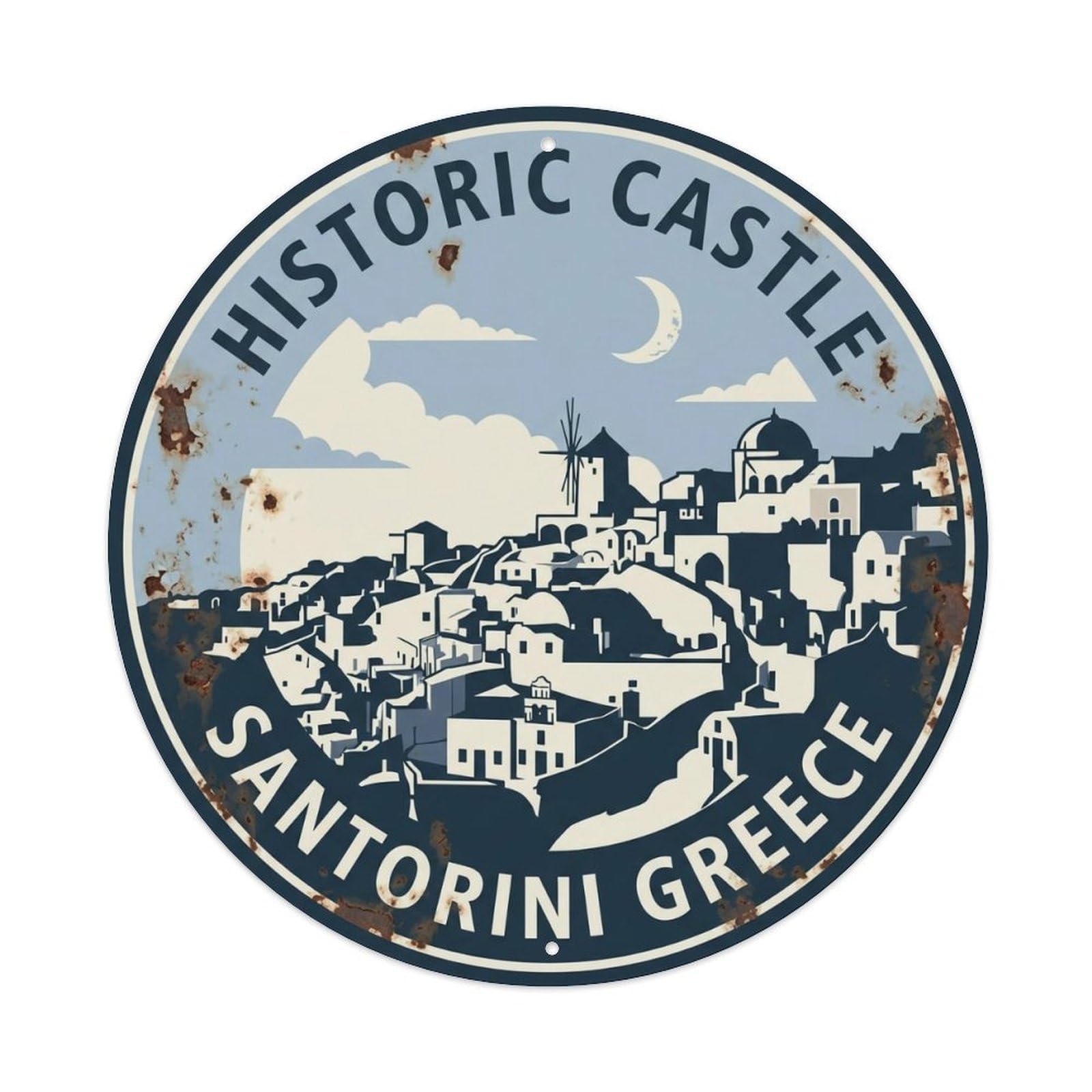 Vintage Travel Castle Santorini Historic Metal Tin Sign