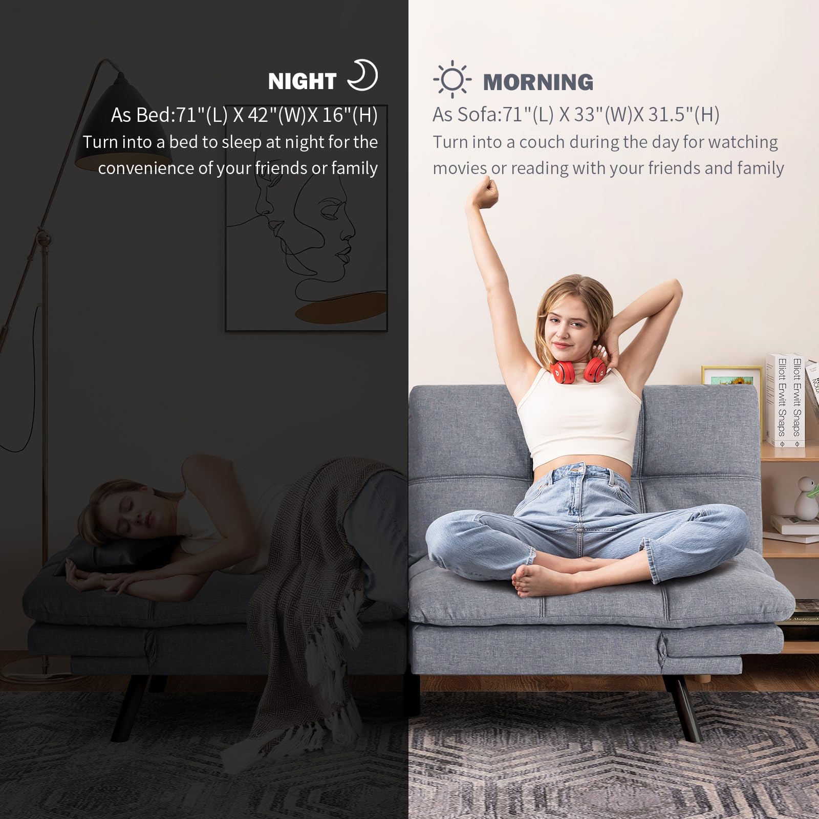 Erdoru, Memory Foam Loveseat Futon Couch, Modern Sofa Bed with Convertible Backrests&Armrests Sofabed, Grey