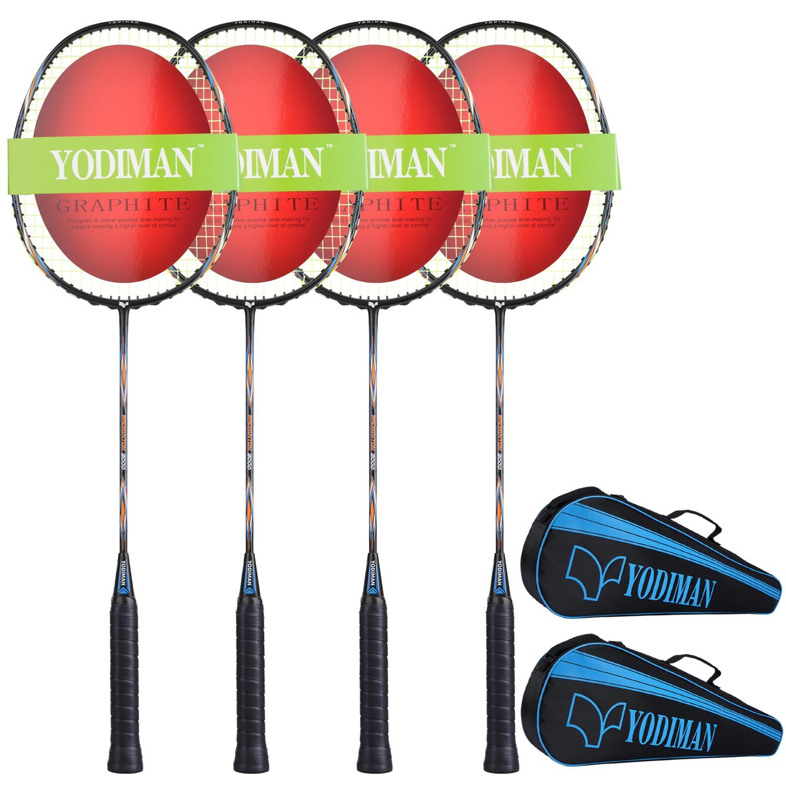 YODIMAN 4-Pack Graphite Badminton Rackets - Ultra-Lightweight with High Elasticity & Shock Absorption, Pre-Wrapped Grip, Includes 2 Large Badminton Bags (Sable)