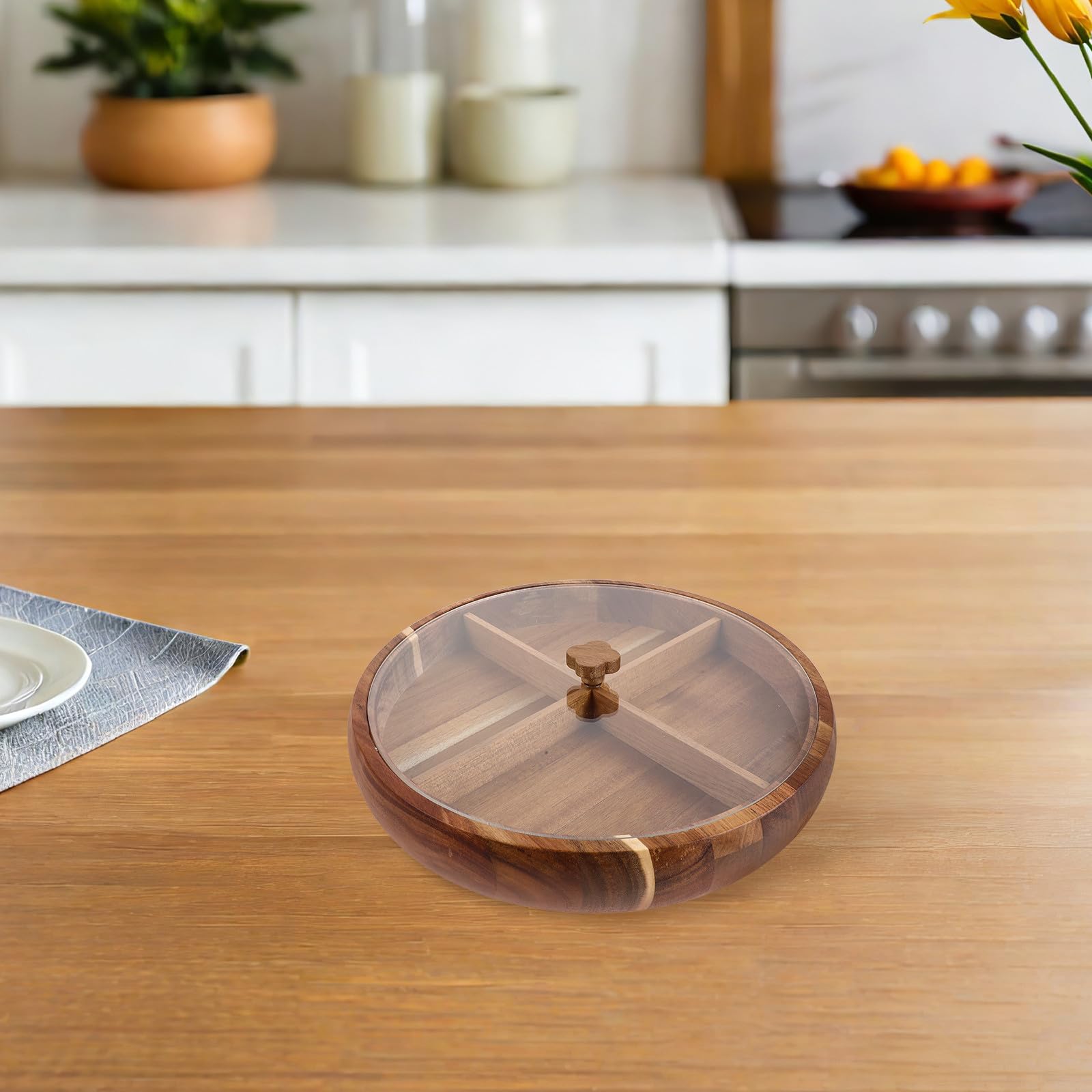 Abaodam Plateau de Service Rond en Bois avec Couvercle Transparent et Compartiments Multiples, Plateau Décoratif pour Fruits Secs et Fruits, pour Fêtes et Réceptions