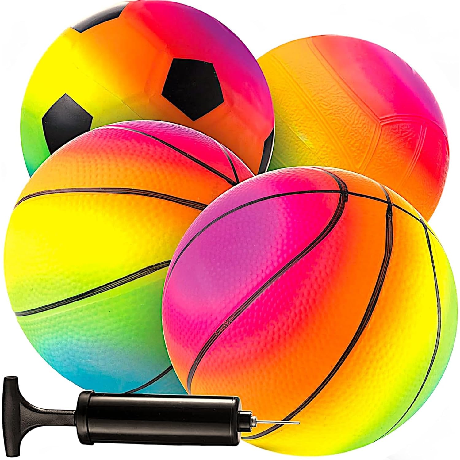 Piłki sportowe Mini Rainbow – 5 cali (w zestawie 4 sztuki) nadmuchiwane piłki winylowe dla dzieci i małych dzieci z ręczną pompką, neonową piłką do koszykówki, piłką nożną i siatkówką do placu zabaw