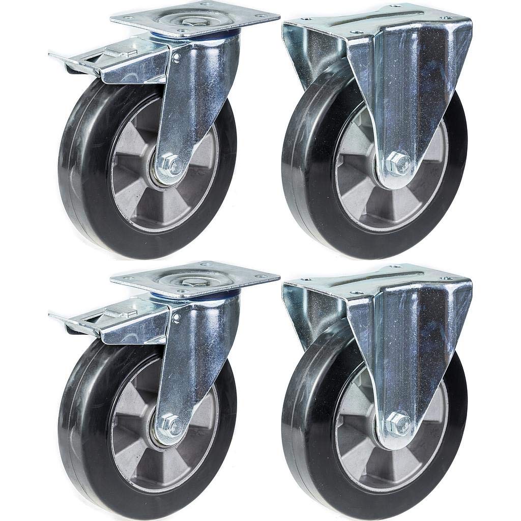 Roulettes de 200 mm (8") en caoutchouc noir, avec frein et roues fixes, capacité de charge de 1 400 kg, lot de 4