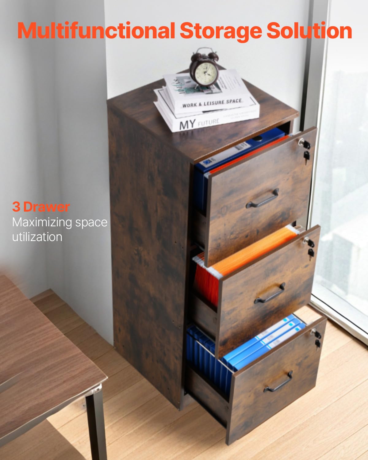VEVOR Aktenschrank mit 3 Schubladen und Schloss, vertikale Büroschränke aus Holz für Homeoffice, Lagerschrank Materialschrank mit Verstellbarer Hängestange, Aufbewahrungsschrank für Akten im A4