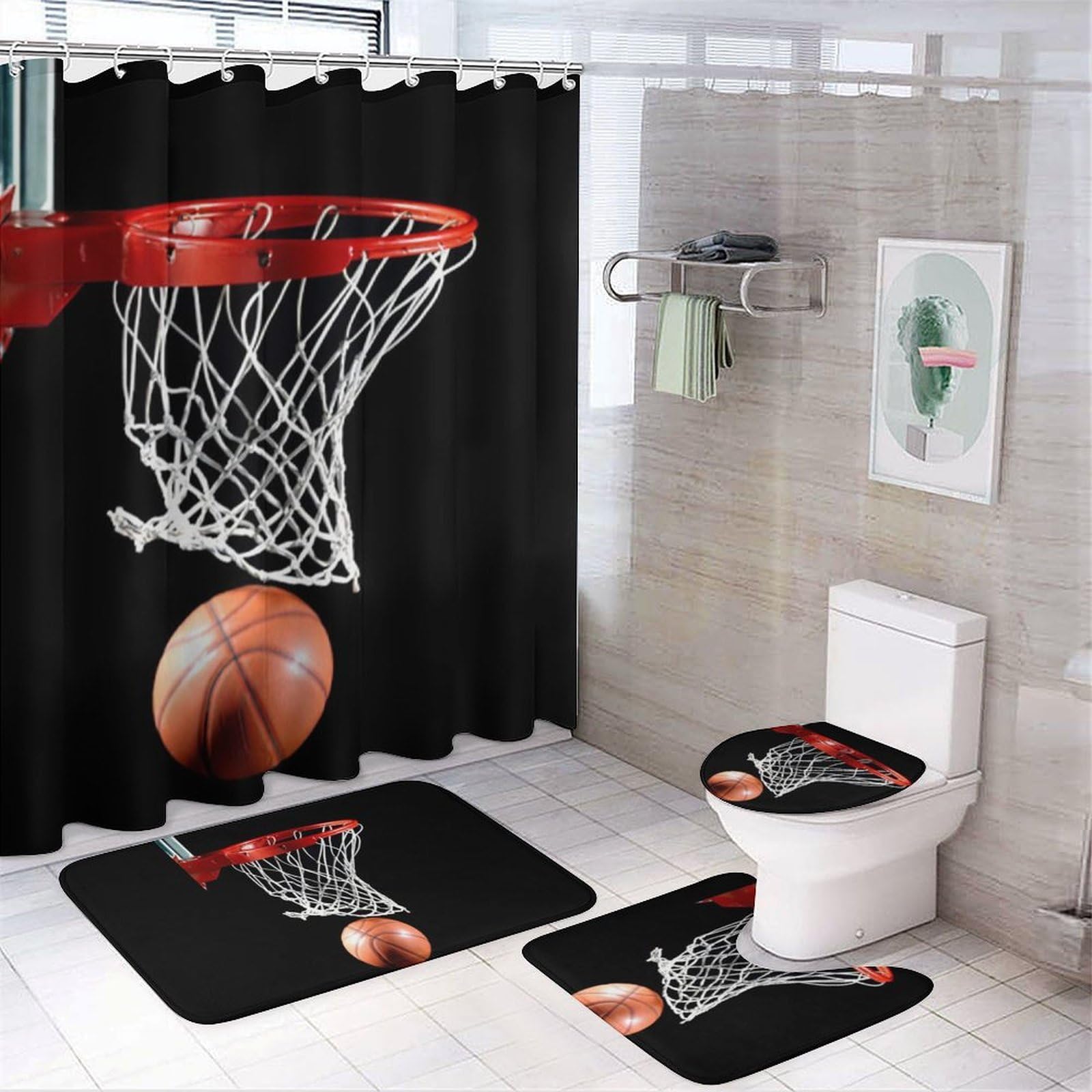 JZemdybill Bathroom Mat Set 4 Piece, Basketball Shower Curtain with Non-Slip Bath Mats for Bathroom