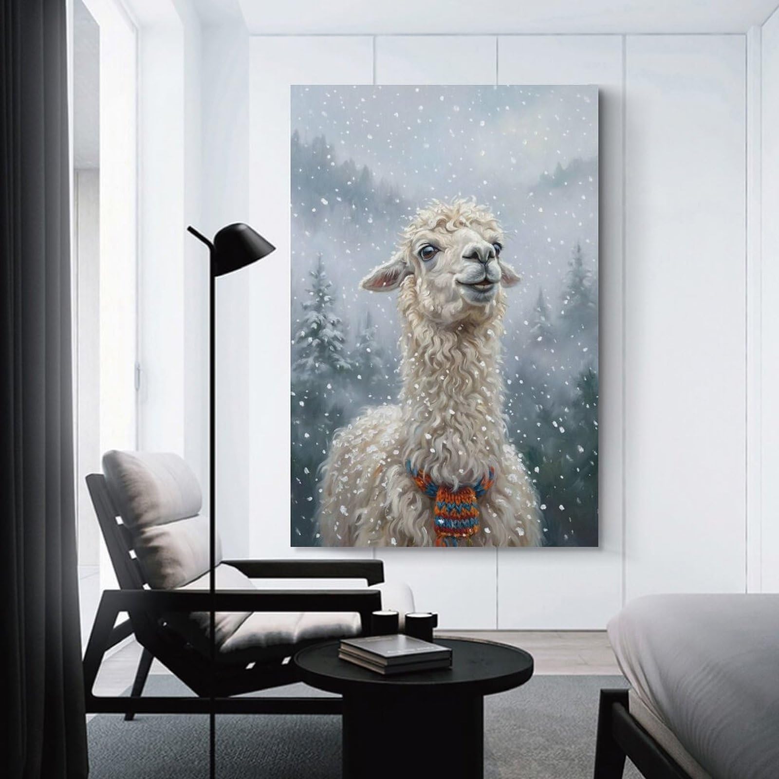 Junmoney Hanging Wall Art Llama in A Snowy Forest, 12x18inch(30x45cm), for Wall Displays, Bedrooms Or Room Updates, Decorative Artwork with Flexible Styling