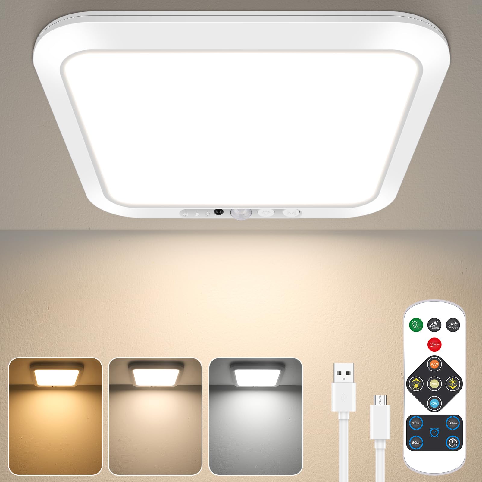 Rechargeable Motion Sensor Lights Indoor, Battery Operated LED Ceiling Light with Remote, Cordless Magnetic Bathroom Lights, 3 Colors Battery Powered Lamp for Loft, Shower, Garage, Hallway, Porch — image 1