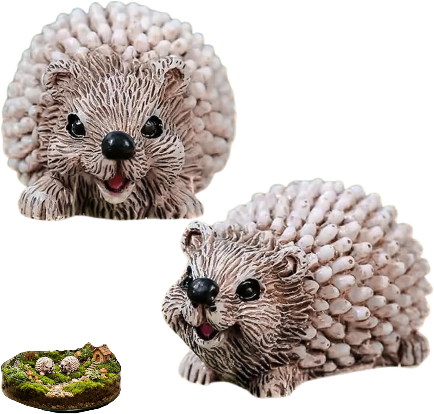 2Pcs Mini Hedgehog Resin Figurines, Garden Animal Statues for Fairy Wild Miniature Garden Accessories for Micro Landscape Plant Pots Bonsai Craft DecorJungle Hedgehog Family Animal Figurines
