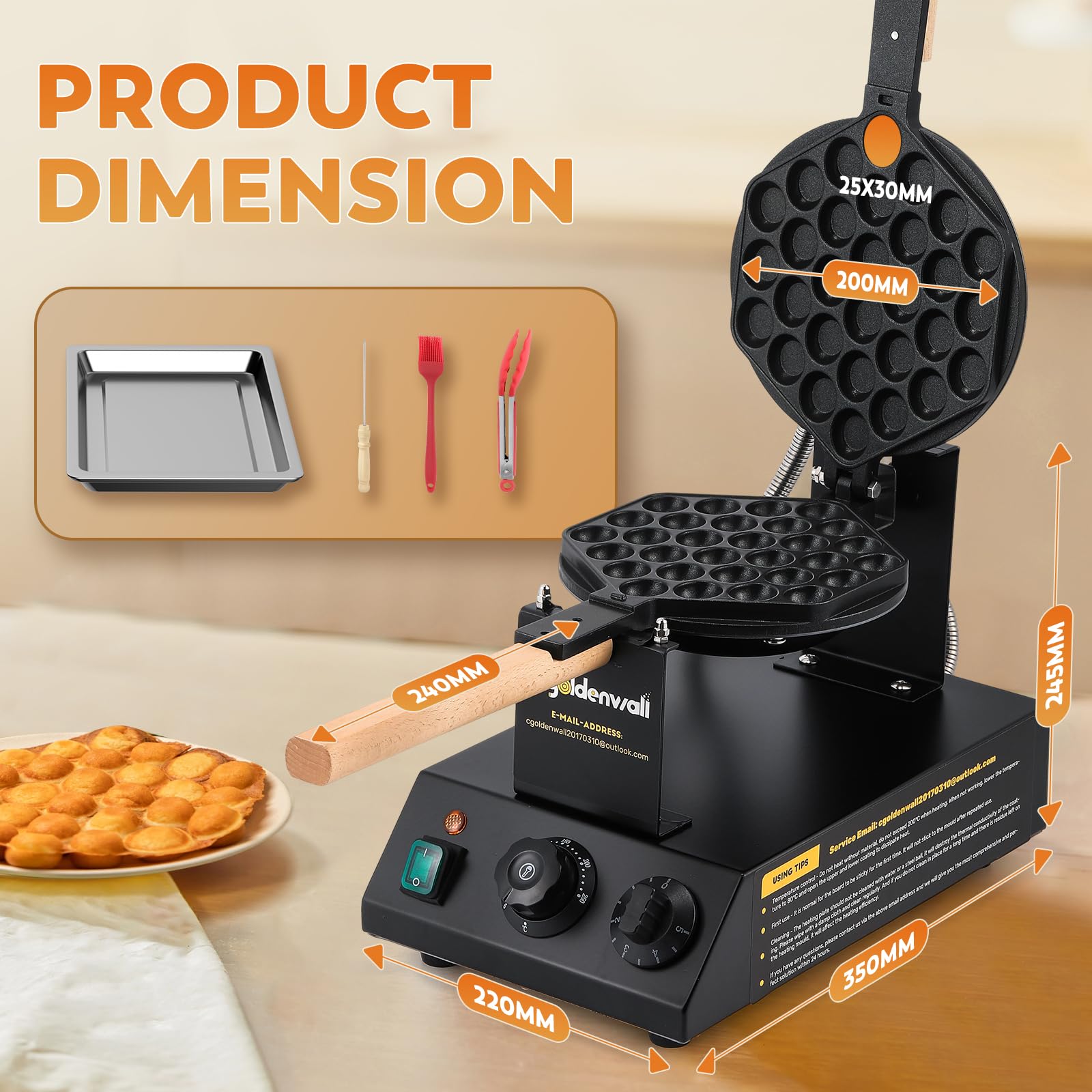 CGOLDENWALL Bubble Waffle Maker de Estilo de Hong Kong 1400W, Placa de Horneado Intercambiable y Antiadherente, Ajuste de Temperatura 0-250℃, para Cafetería/Postres/Restaurante - Incluye Recetas