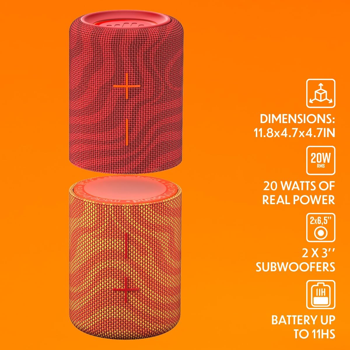 Stromberg - Mega-Twin 2-in-1 Portable Bluetooth Speaker, Magnetic Union, 20W RMS Power, 11-Hour Playtime, Stereo Sound, Lava