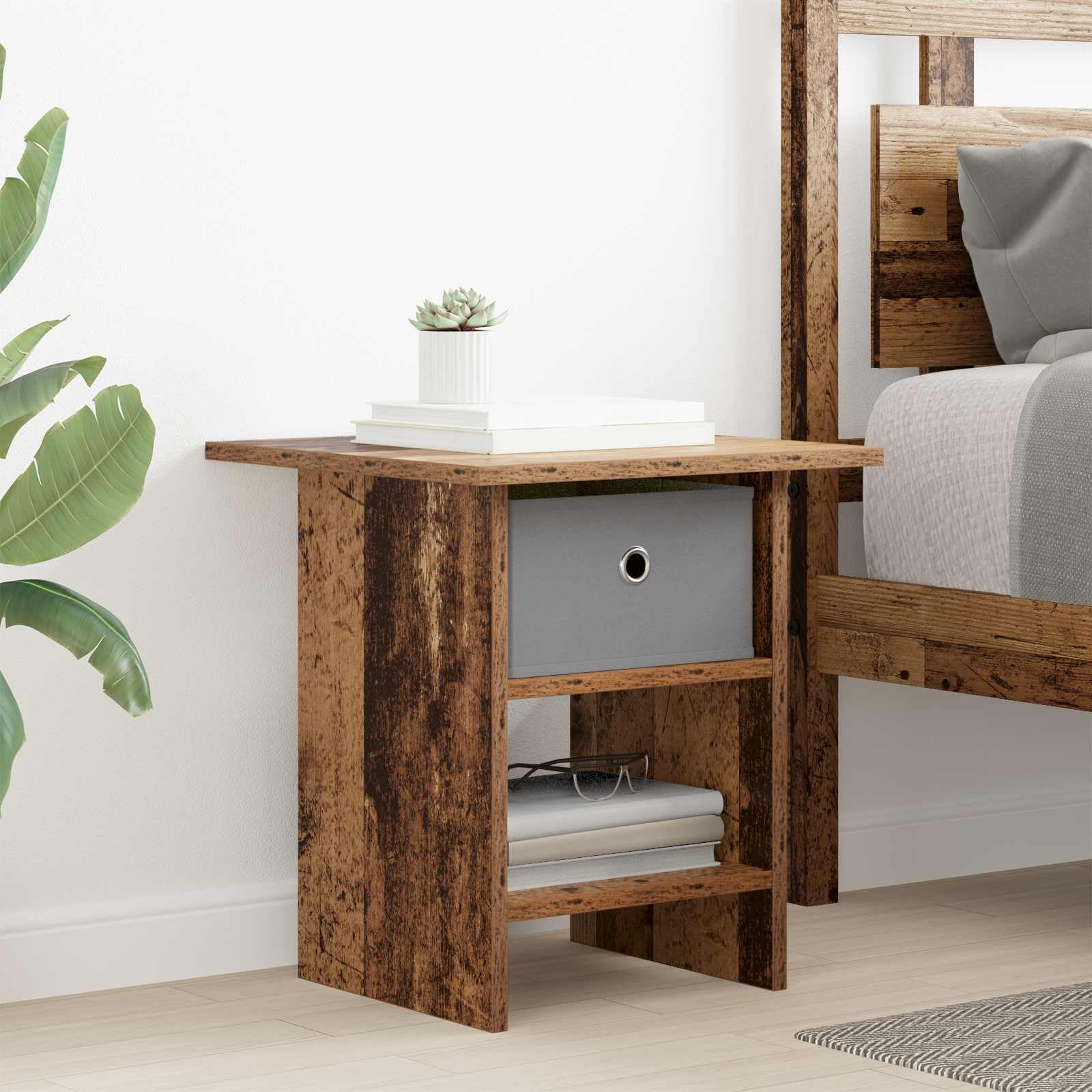 Table de chevet 41x40x45 cm en bois vieilli avec tiroir et étagère de rangement pour la chambre
