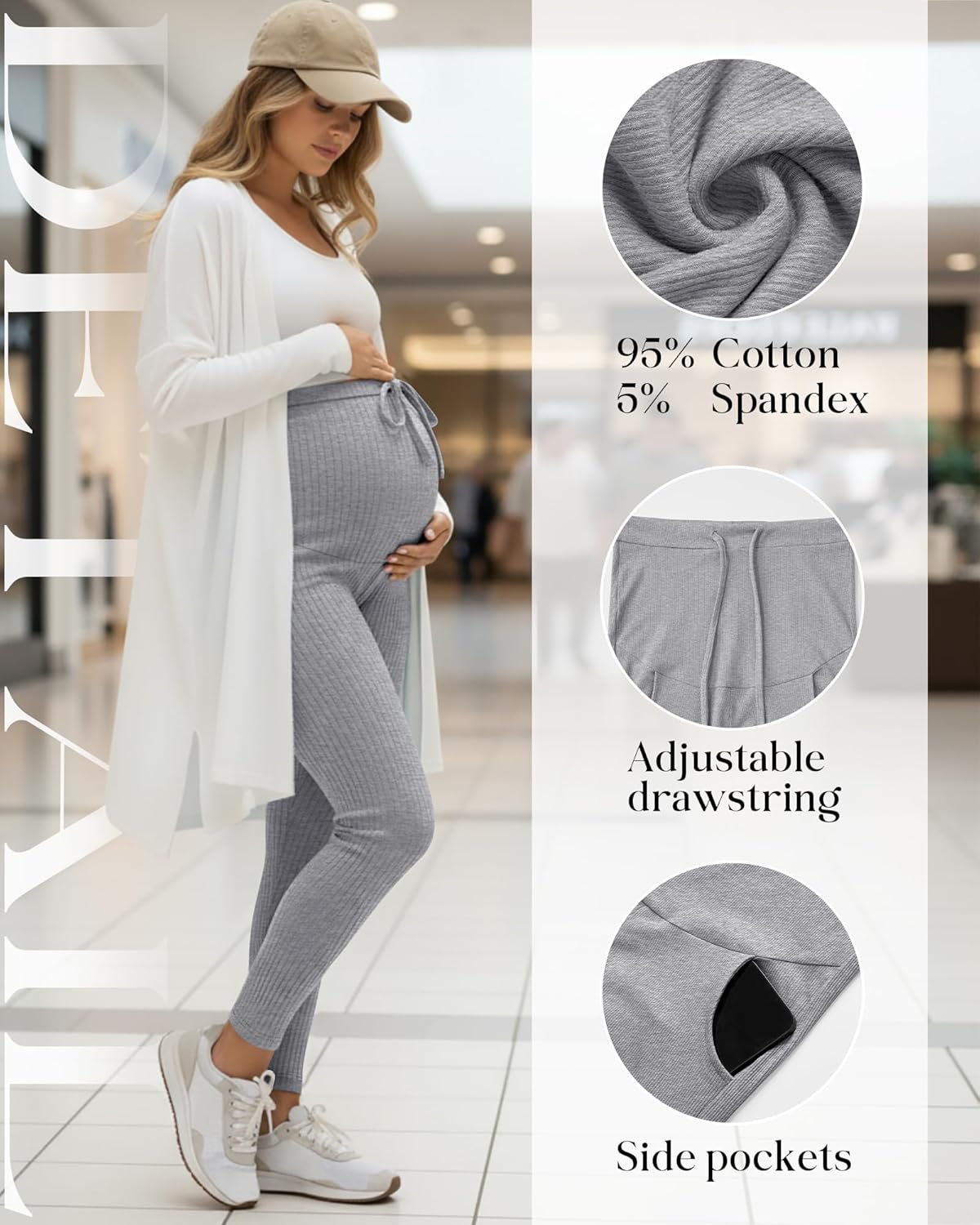 3 Pack Women's Maternity Leggings Cotton Ribbed Pregnancy Pants Drawstring Workout Yoga Active Pants with Pockets - Image 5