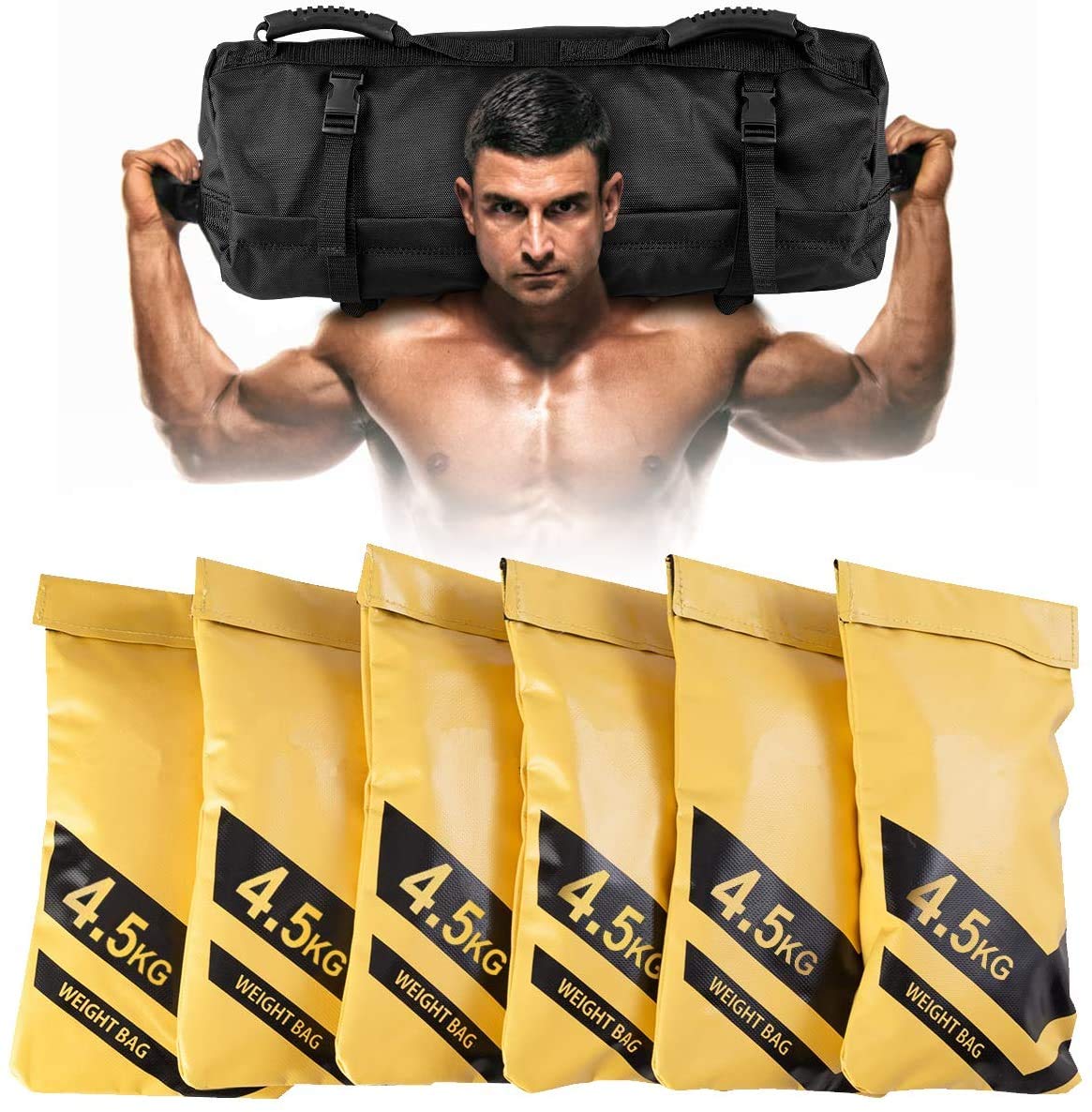 RELAX4LIFE Sandbag 4,5-27 kg, Gewichtssack mit 6 Gummigriffe, Trainingssandsack inkl. Oxford-Tasche, Sandsack einstellbar, Force Bag Functional für Krafttraining Fitness Gewichtheben